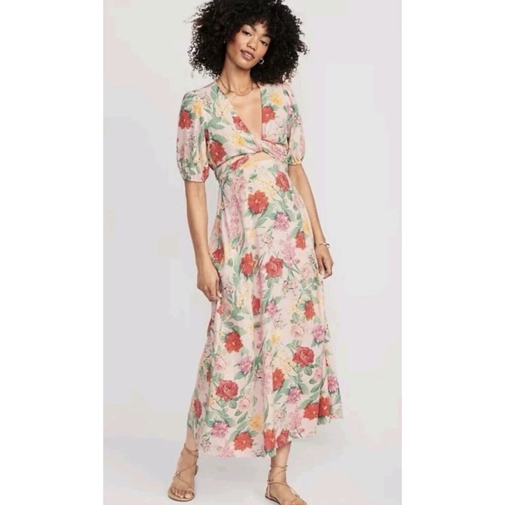 Old Navy Twist Fit Linen Blend Floral Maxi Dress Pink Women’s Small